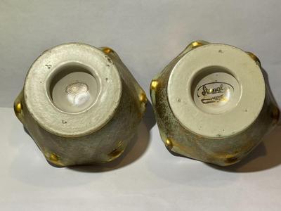 Set Of 2 Stangl Pottery Candle Holders Hand Painted w/Antique 22K Gold in Good Preowned Condition.