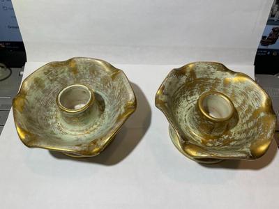 Set Of 2 Stangl Pottery Candle Holders Hand Painted w/Antique 22K Gold in Good Preowned Condition.