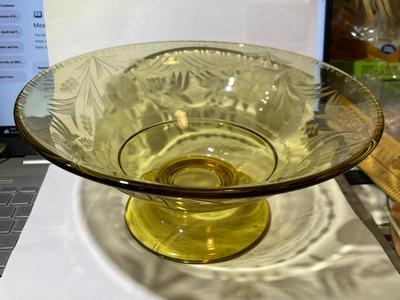 Vintage Lancaster Yellow Depression Glass Serving Bowl w/Etched Flowers 10" Diameter & 4.5" Tall in VG Preowned Condition.