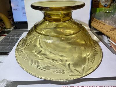 Vintage Lancaster Yellow Depression Glass Serving Bowl w/Etched Flowers 10" Diameter & 4.5" Tall in VG Preowned Condition.
