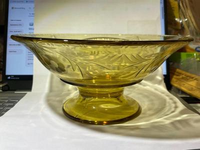 Vintage Lancaster Yellow Depression Glass Serving Bowl w/Etched Flowers 10" Diameter & 4.5" Tall in VG Preowned Condition.