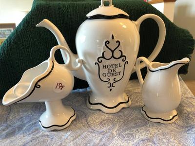 Hotel de Guest Tea Pot, Sugar, and Creamer
