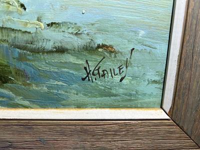 H. GAILEY (Noted Artist) Oil/Acrylic on Canvas Seascape Scene Frame Size 28" x 40" in Good Preowned Condition.