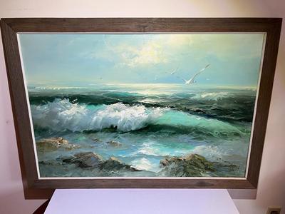 H. GAILEY (Noted Artist) Oil/Acrylic on Canvas Seascape Scene Frame Size 28" x 40" in Good Preowned Condition.