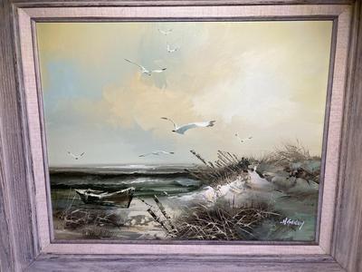 H. GAILEY (Noted Artist) Oil/Acrylic on Canvas Seascape Scene Frame Size 23.5" x 27.5" in Good Preowned Condition.