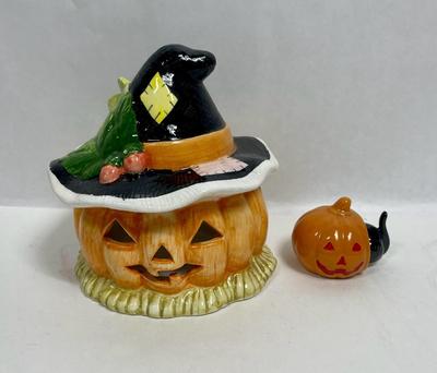 Ceramic Vintage Halloween Decor - Jack o Lantern Candle Holder and cat inside pumpkin figurine