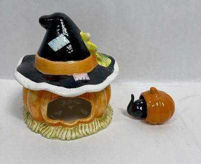 Ceramic Vintage Halloween Decor - Jack o Lantern Candle Holder and cat inside pumpkin figurine