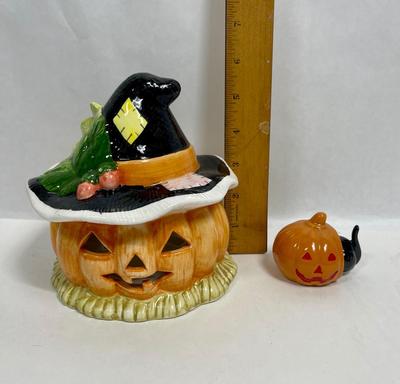 Ceramic Vintage Halloween Decor - Jack o Lantern Candle Holder and cat inside pumpkin figurine