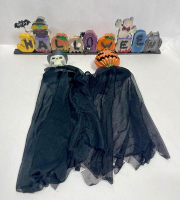 Halloween Decor Lot - Hanging Skeleton and pumpkin head, "Halloween" sign