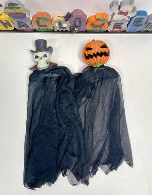 Halloween Decor Lot - Hanging Skeleton and pumpkin head, "Halloween" sign