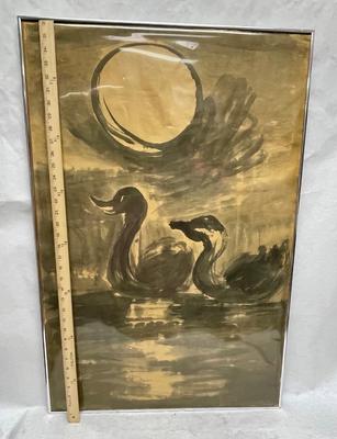 Vintage Poster - Two Ducks floating under full moon