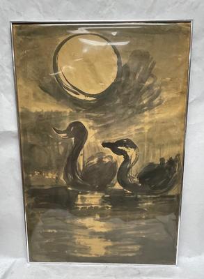 Vintage Poster - Two Ducks floating under full moon