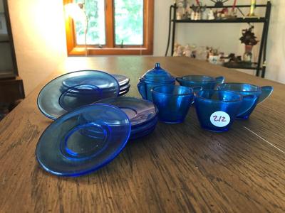 Vintage Akro Agate Cobalt Blue Glass Play-Time Tea Set