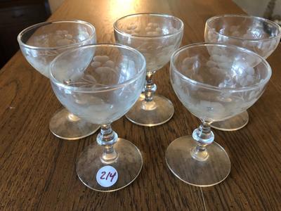 Vintage Etched Flowers Floral Cut Cordial Stemware Goblets