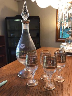 Gilt Trim Decanter and Sherry Glasses Set