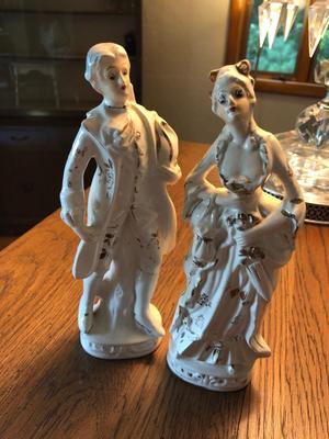 Vintage Porcelain Victorian Man And Woman with Gilt Trim Figurines