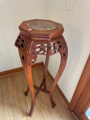 Asian Hardwood Plant Stand With Marble Insert