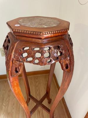 Asian Hardwood Plant Stand With Marble Insert