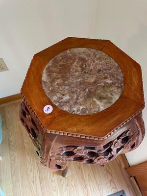 Asian Hardwood Plant Stand With Marble Insert
