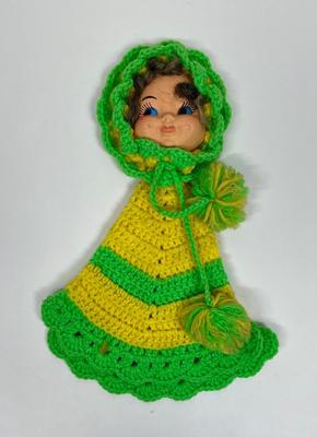 Vintage Doll Face Pot Holder Crochet Yellow and Lime Green