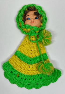 Vintage Doll Face Pot Holder Crochet Yellow and Lime Green