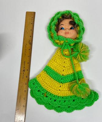 Vintage Doll Face Pot Holder Crochet Yellow and Lime Green