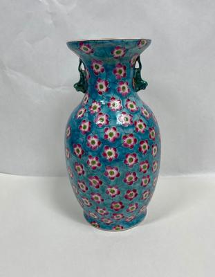 Chinese Porcelain Vase Hand-painted Dark Pink Flowers on Light Blue w Foo Dog Handles, Chinoiserie Decor