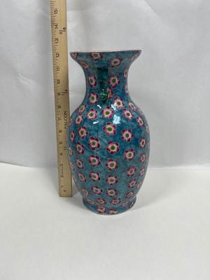 Chinese Porcelain Vase Hand-painted Dark Pink Flowers on Light Blue w Foo Dog Handles, Chinoiserie Decor
