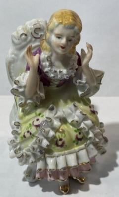 Pair of Vintage Bone China Lace Young Woman & Man on Chair Figurines 4" Tall in VG Preowned Condition.