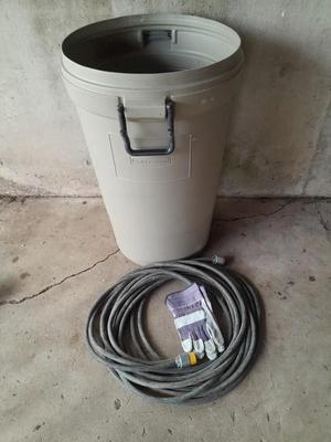 Large Rubbermaid trash can - large extension cord - work gloves