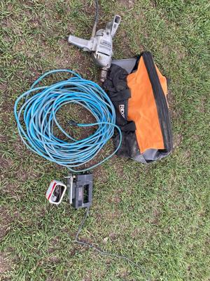 Big RIGID Tool Bag, Black and Decker Hammer Drill, and JigSaw Long Ext Cord *See Description*