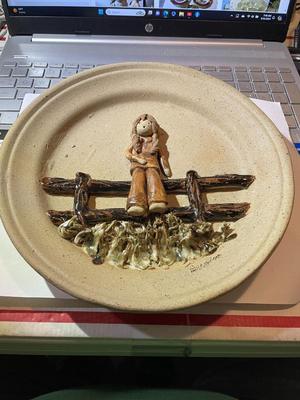 Vintage 9" Pottery Plate Signed Girl on Wooden Fence as Pictured.