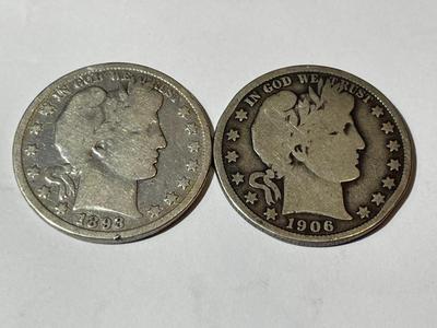1893-P & 1906-P CIRCULATED CONDITION BARBER SILVER HALF DOLLARS AS PICTURED.