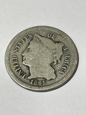 1865 CIRCULATED CONDITION 3-CENT NICKEL TYPE COIN AS PICTURED.
