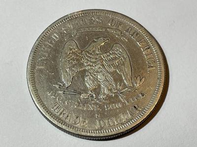 1877-S VERY FINE CONDITION (UNCERTIFIED) TRADE SILVER DOLLAR TYPE COIN AS PICTURED.