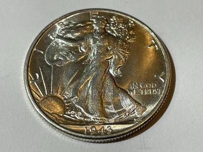 1943-P BRILLIANT UNCIRCULATED (UNCERTIFIED) WALKING LIBERTY SILVER HALF DOLLAR.
