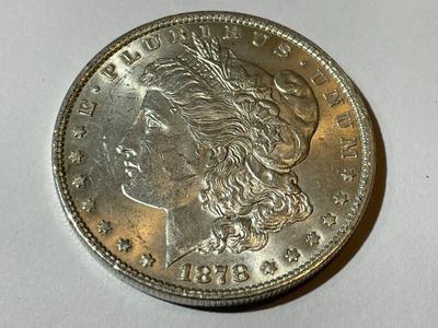 1878-P 7-TAIL FEATHER AU58/UNCIRCULATED CONDITION (UNCERTIFIED) MORGAN SILVER DOLLAR.