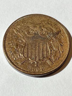 1868 VERY FINE+ CONDITION TWO CENT PIECE TYPE COIN AS PICTURED.
