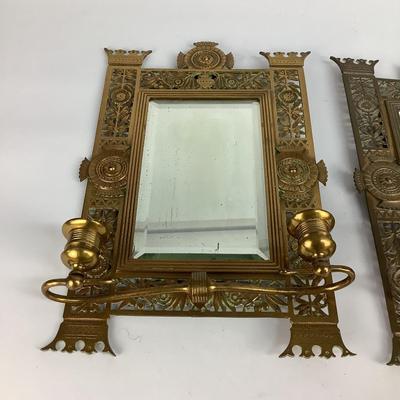 549 Pair of Antique Bronze Candle Holder Mirrored Sconces