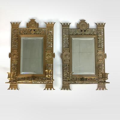 549 Pair of Antique Bronze Candle Holder Mirrored Sconces