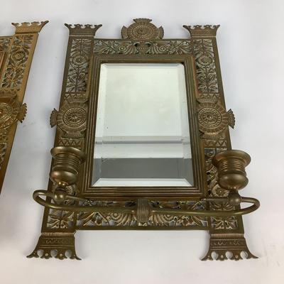 549 Pair of Antique Bronze Candle Holder Mirrored Sconces