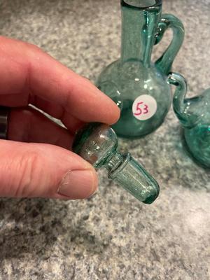Green Handblown Glass Cruets Pair