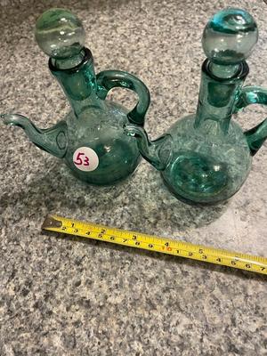 Green Handblown Glass Cruets Pair