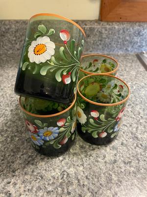 GORGEOUS Handpainted Green Glass Juice Glasses