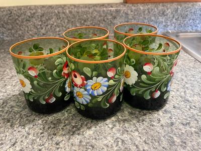 GORGEOUS Handpainted Green Glass Juice Glasses