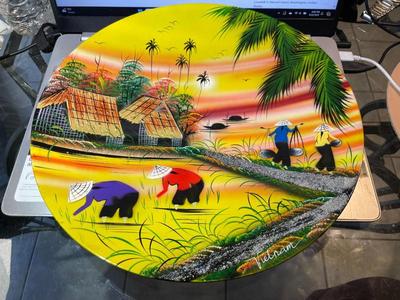 Vietnam Hand Painted Art Lacquered Souvenir Plate Countryside Landscape Wall Hanging 11.75" in Diameter.