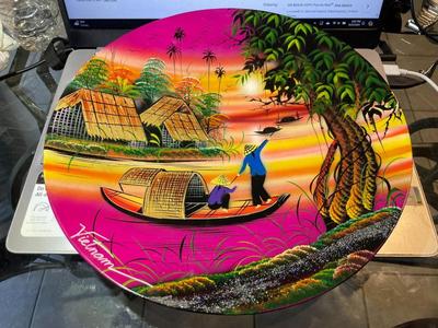 Vietnam Hand Painted Art Lacquered Souvenir Plate Countryside Landscape Wall Hanging 11.75" in Diameter.