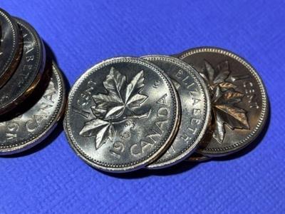 (10-Rolls) 1963 Canada Choice Uncirculated Red Queen Elizabeth II Canadian Cents Fresh Lot Preowned from an Estate.