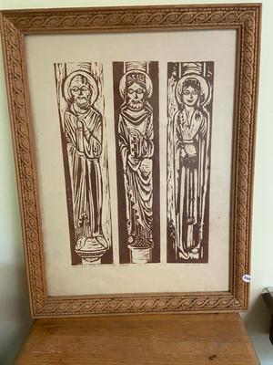 Framed Lithograph of Chartres. Cathedral Portal Statues, Signed and Numbered