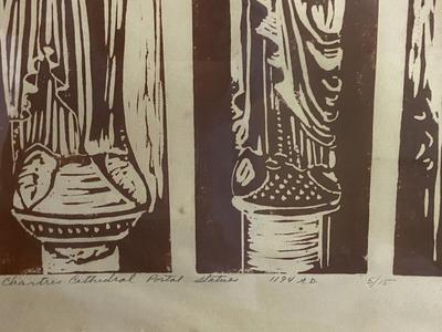 Framed Lithograph of Chartres. Cathedral Portal Statues, Signed and Numbered